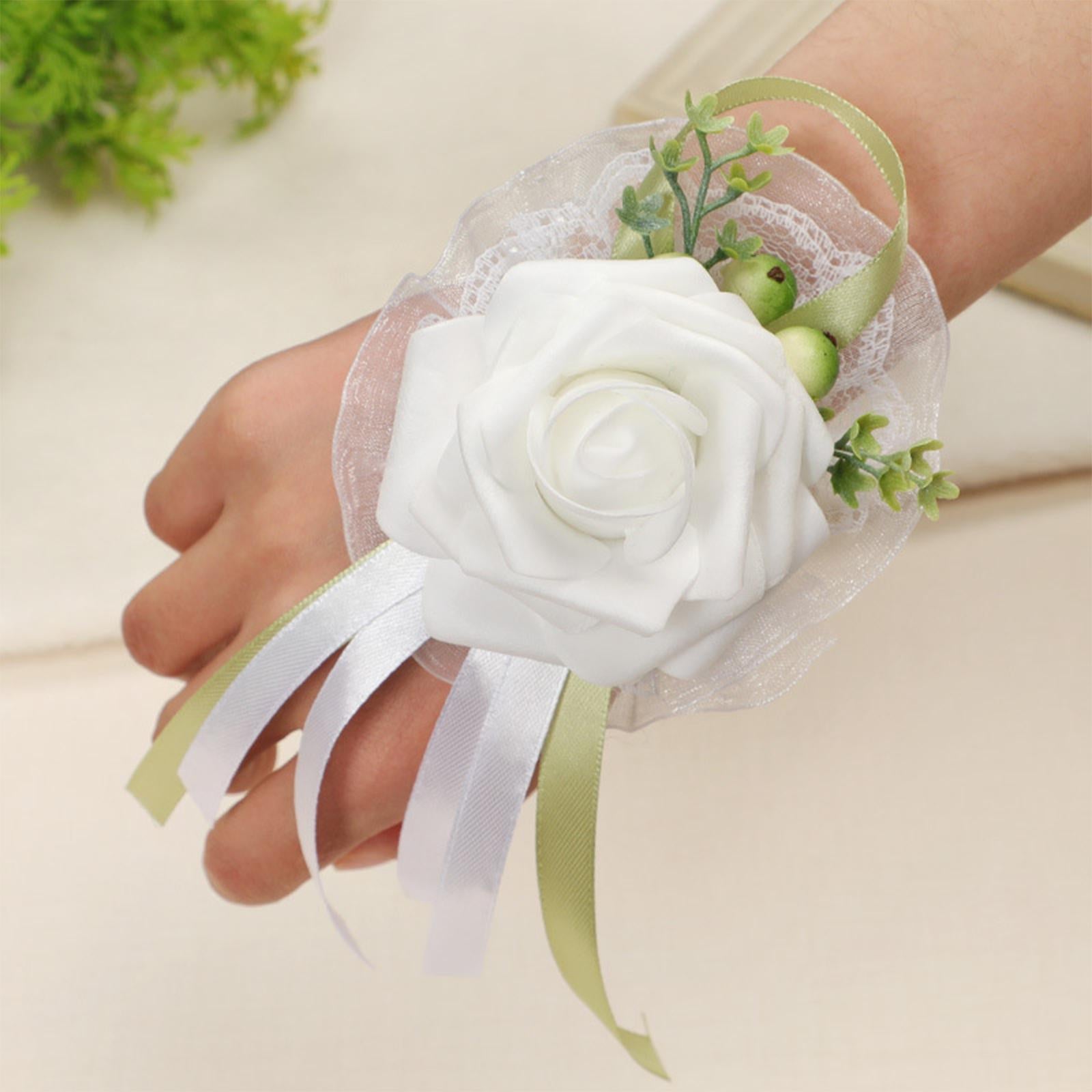 Wristband Hand Flowers Floral Badge Bracelet for Prom Wedding Bridesmaid White