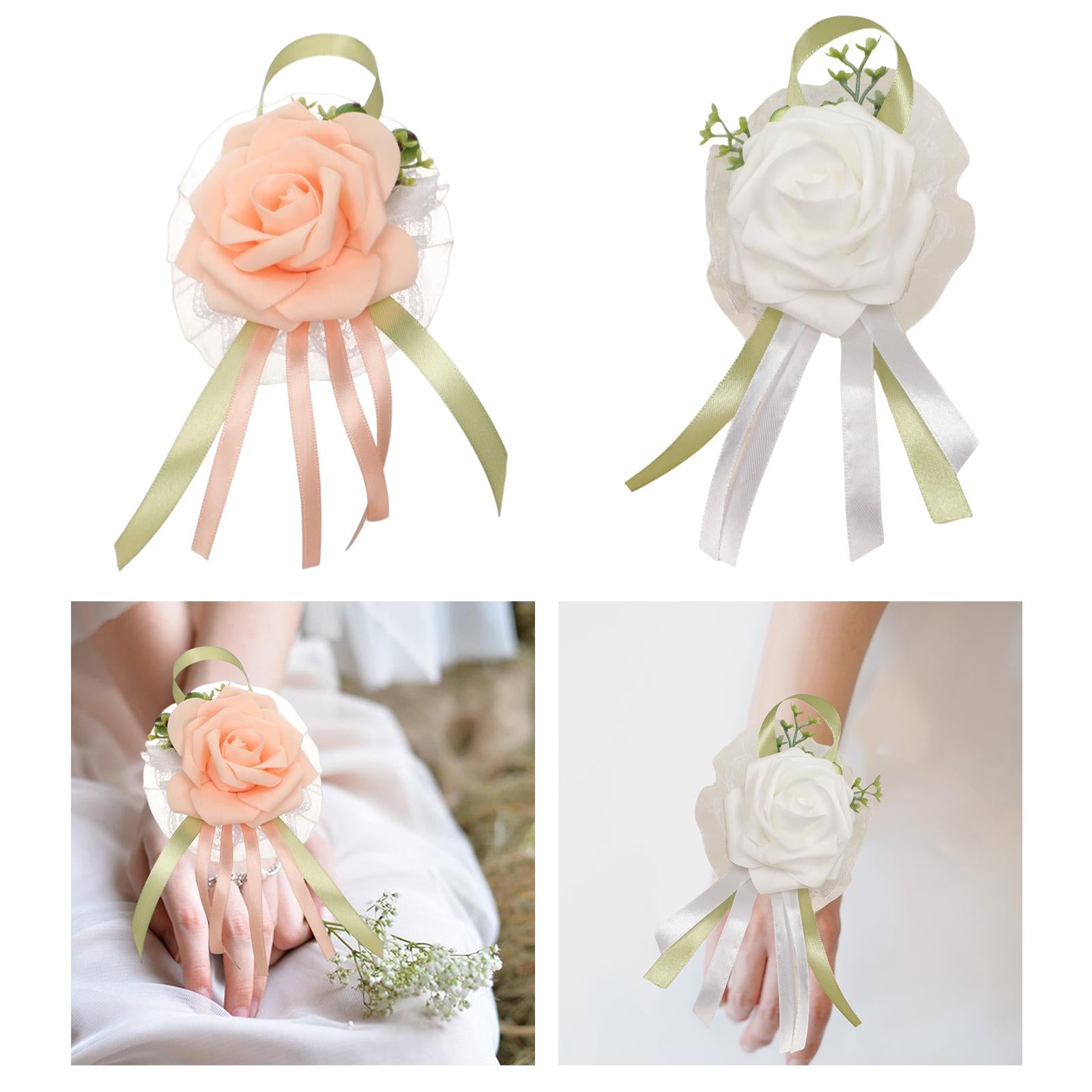 Wristband Hand Flowers Floral Badge Bracelet for Prom Wedding Bridesmaid White