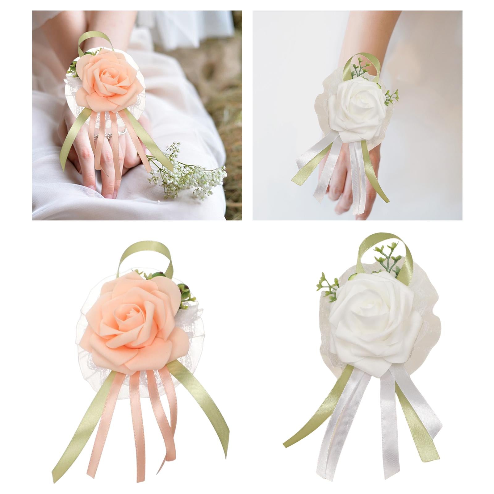 Wristband Hand Flowers Floral Badge Bracelet for Prom Wedding Bridesmaid White