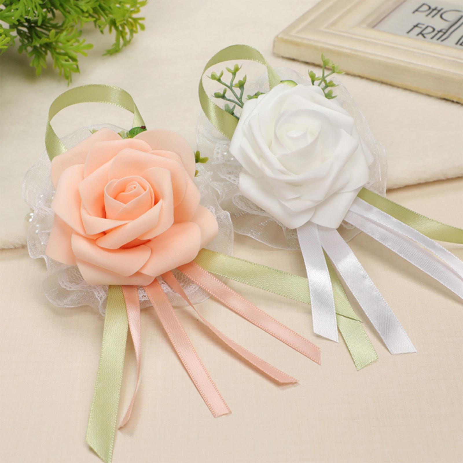 Wristband Hand Flowers Floral Badge Bracelet for Prom Wedding Bridesmaid White