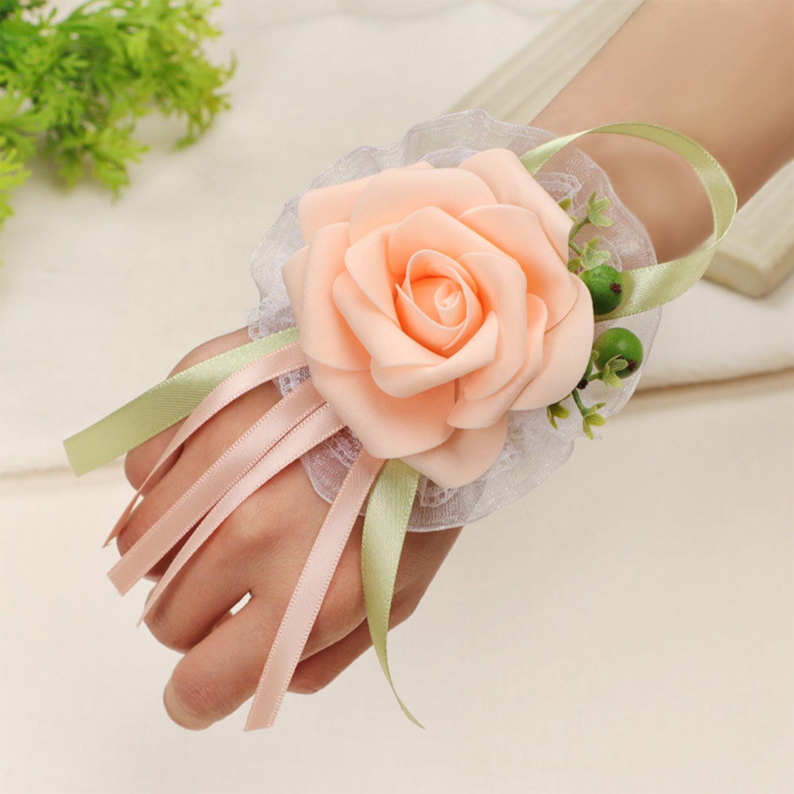 Wristband Hand Flowers Floral Badge Bracelet for Prom Wedding Bridesmaid Champagne