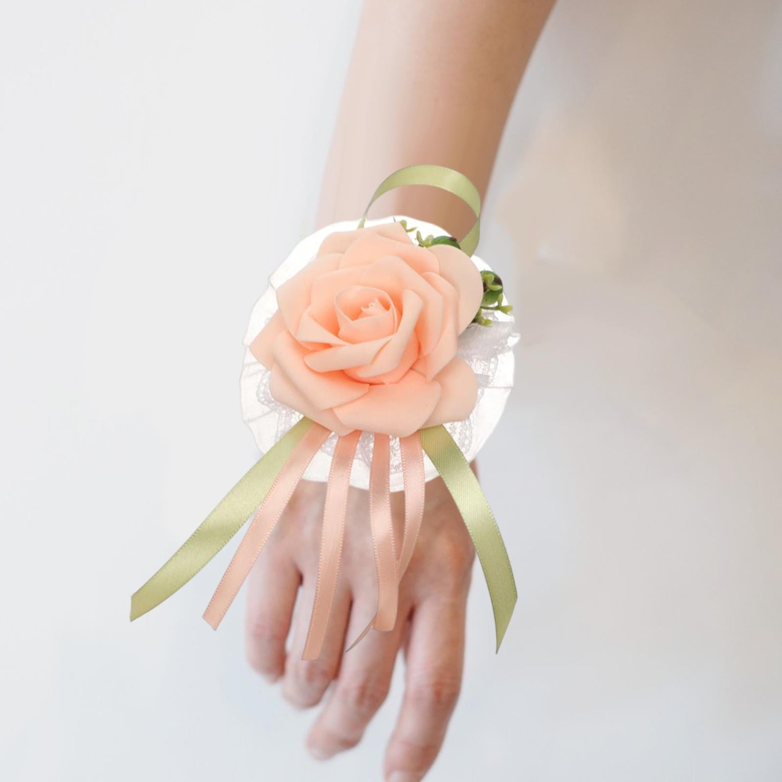 Wristband Hand Flowers Floral Badge Bracelet for Prom Wedding Bridesmaid Champagne