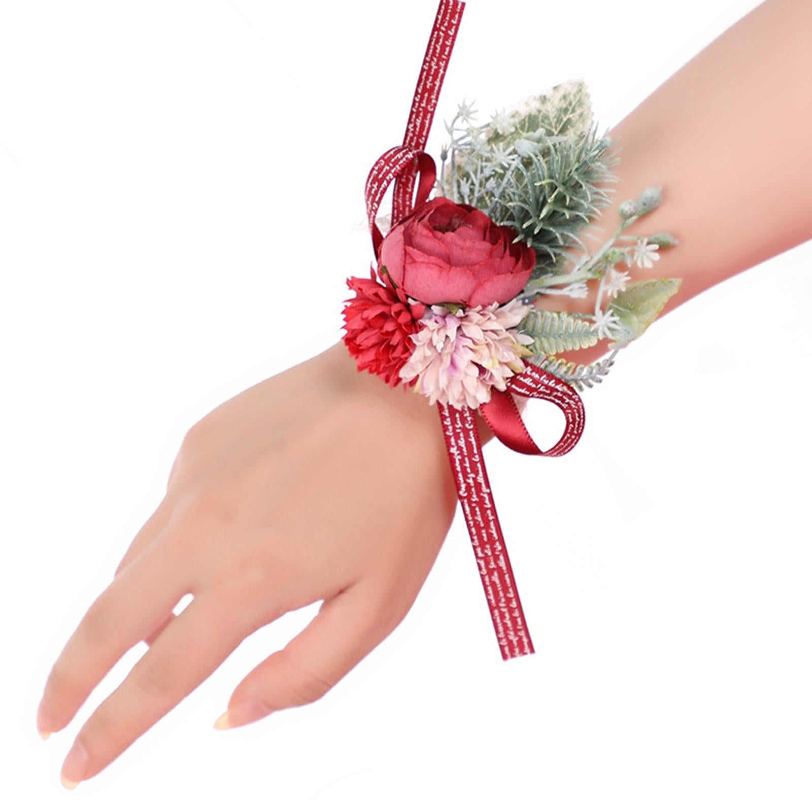 Wrist Corsage Bracelet Silk Rose Hand Artificial Flowers for Ceremony Prom Red