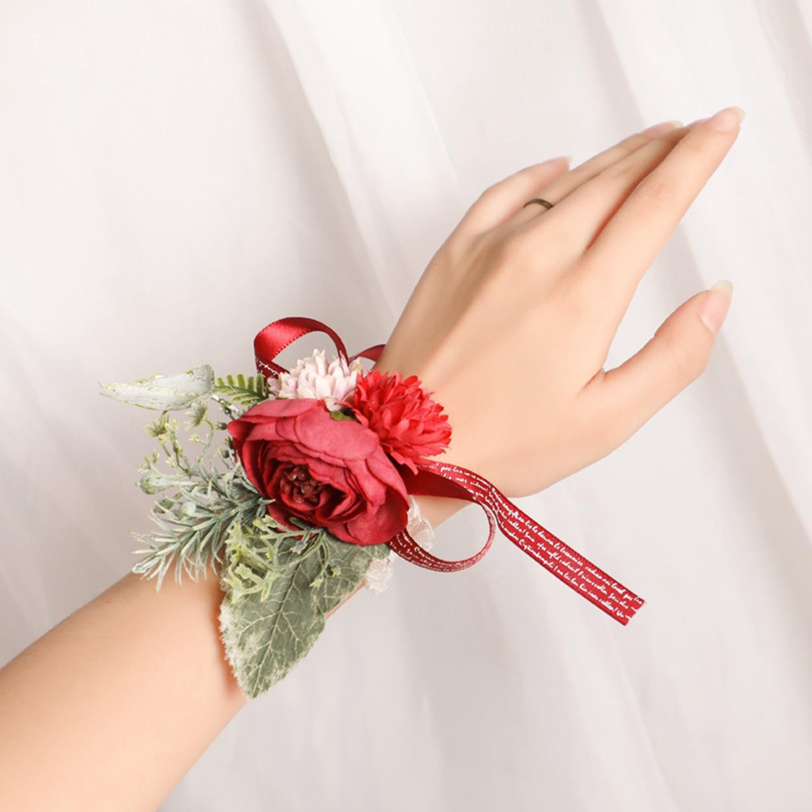 Wrist Corsage Bracelet Silk Rose Hand Artificial Flowers for Ceremony Prom Red