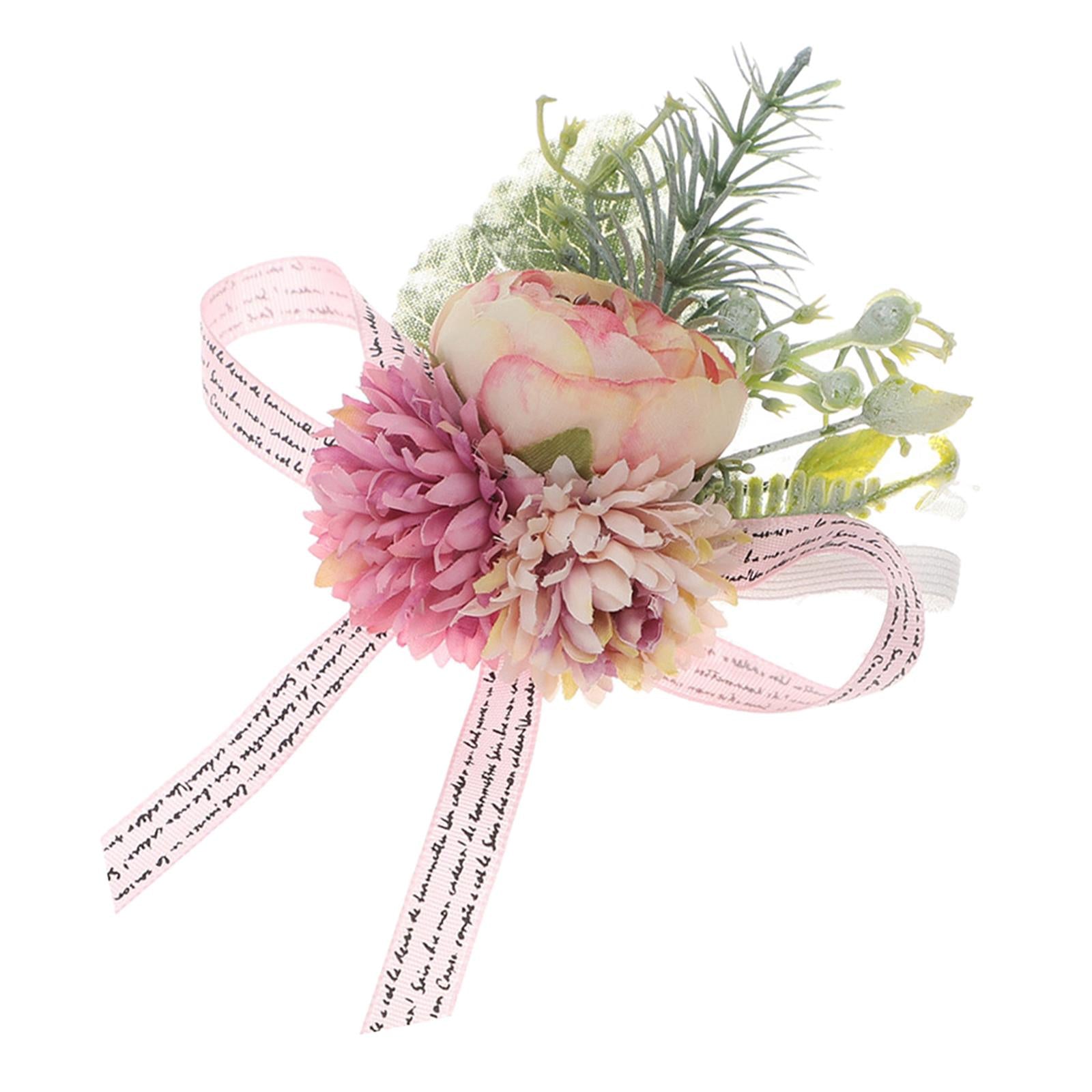 Wrist Corsage Bracelet Silk Rose Hand Artificial Flowers for Ceremony Prom Pink 