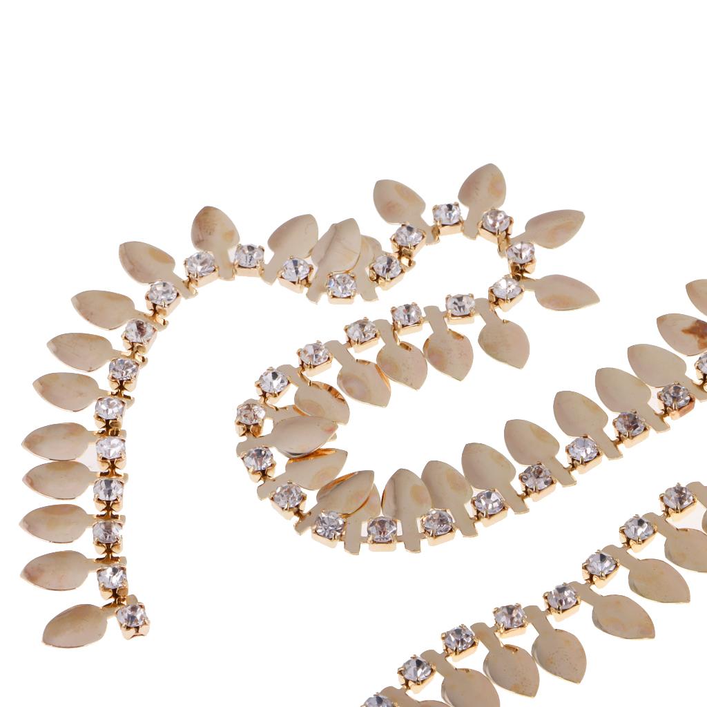 1 Yard Diamante Metal Leaves Crystal Chain Trim Ribbon Applique for Sewing Decoration Gold