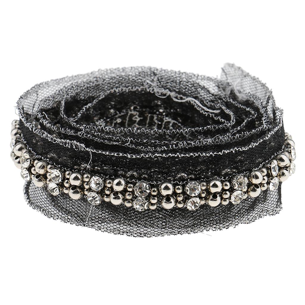 1 Yard Crystal Beads Lace Ribbon Fabric Trim Sewing Applique 3cm Black