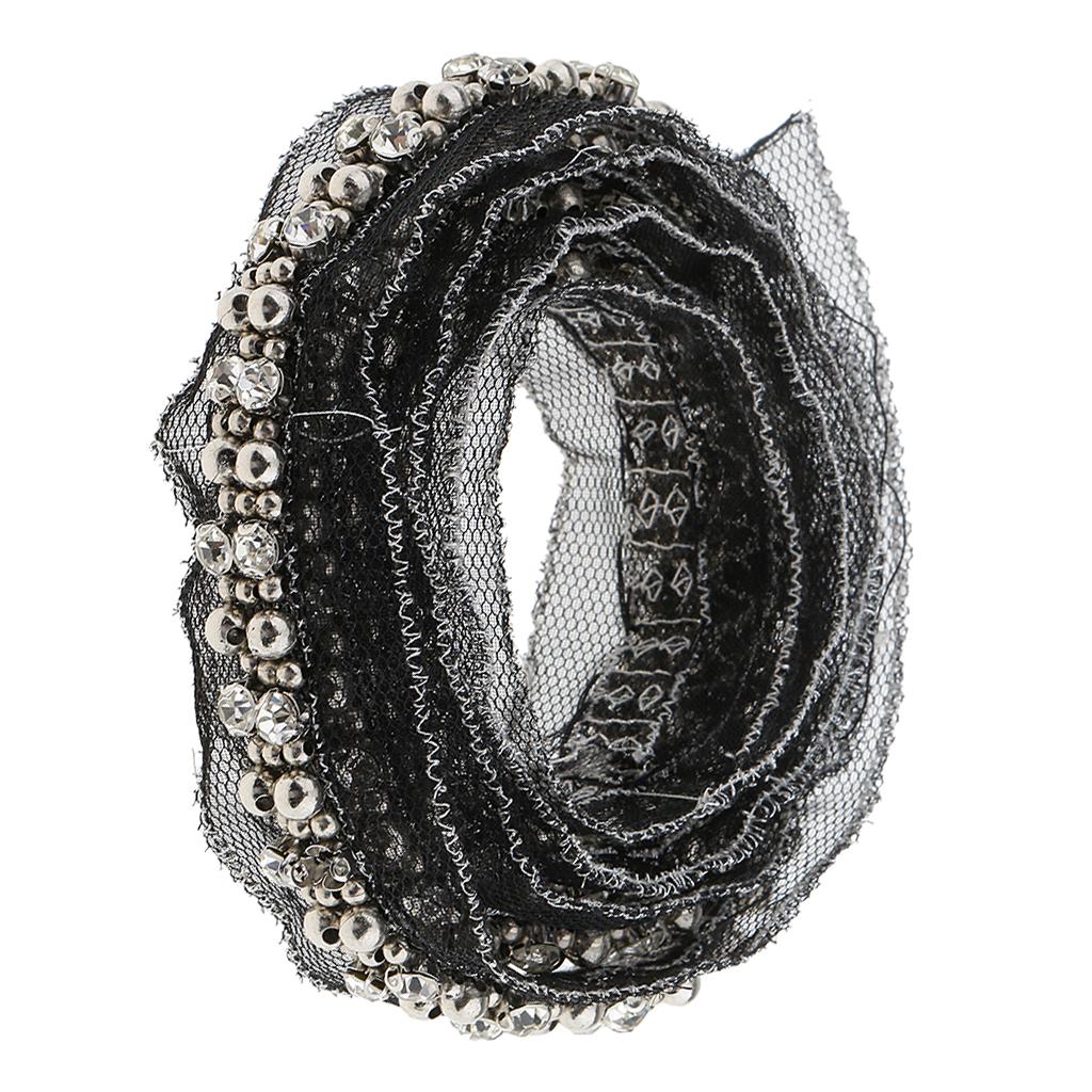 1 Yard Crystal Beads Lace Ribbon Fabric Trim Sewing Applique 3cm Black