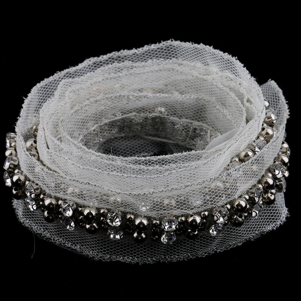 1 Yard Crystal Beads Lace Ribbon Fabric Trim Sewing Applique 3cm White