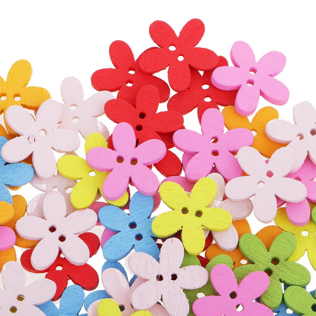  Pack of 100 Cute Multi Color Flower Buttons Mixed Wood Buttons Sewing Scrapbooking DIY Craft 2 Holes