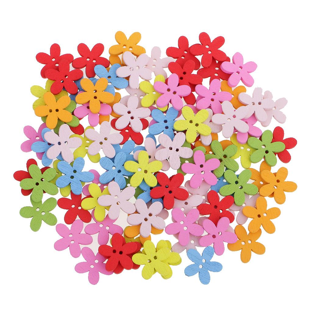  Pack of 100 Cute Multi Color Flower Buttons Mixed Wood Buttons Sewing Scrapbooking DIY Craft 2 Holes