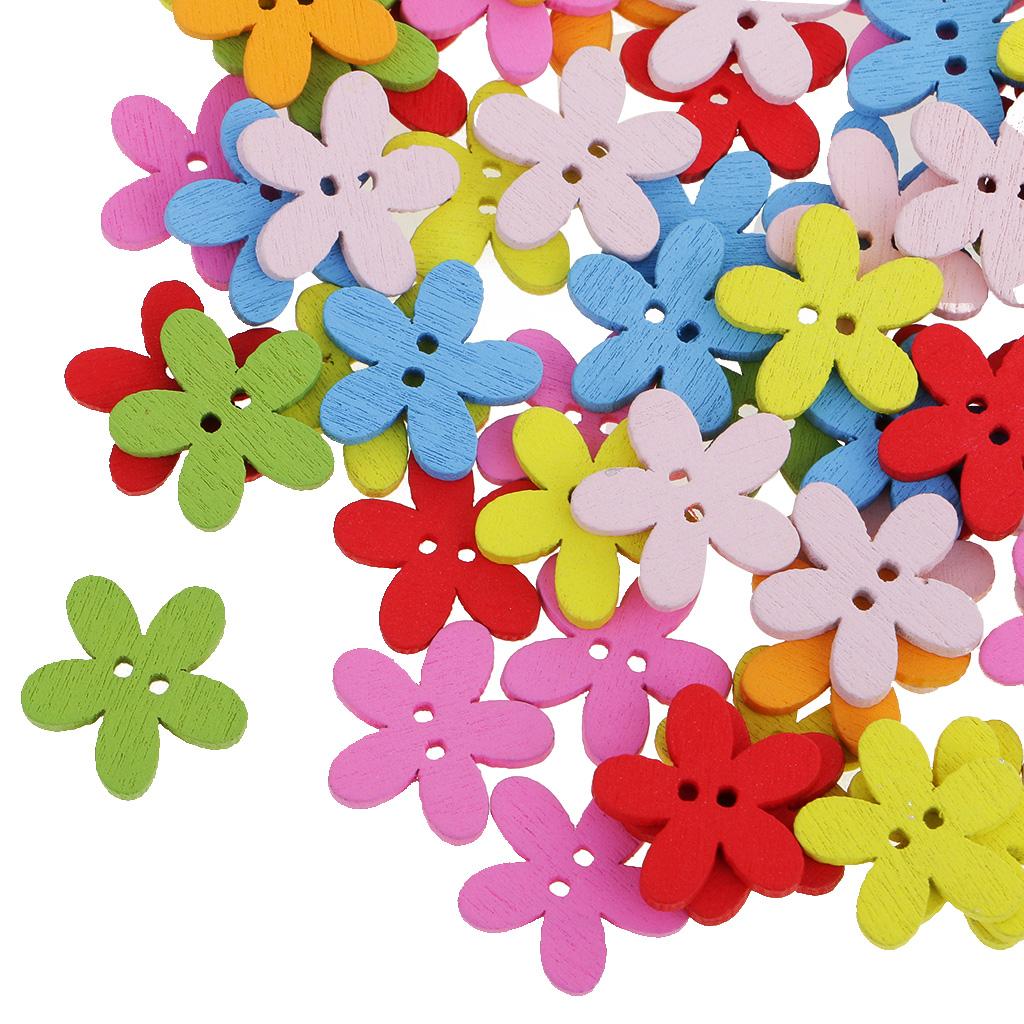  Pack of 100 Cute Multi Color Flower Buttons Mixed Wood Buttons Sewing Scrapbooking DIY Craft 2 Holes