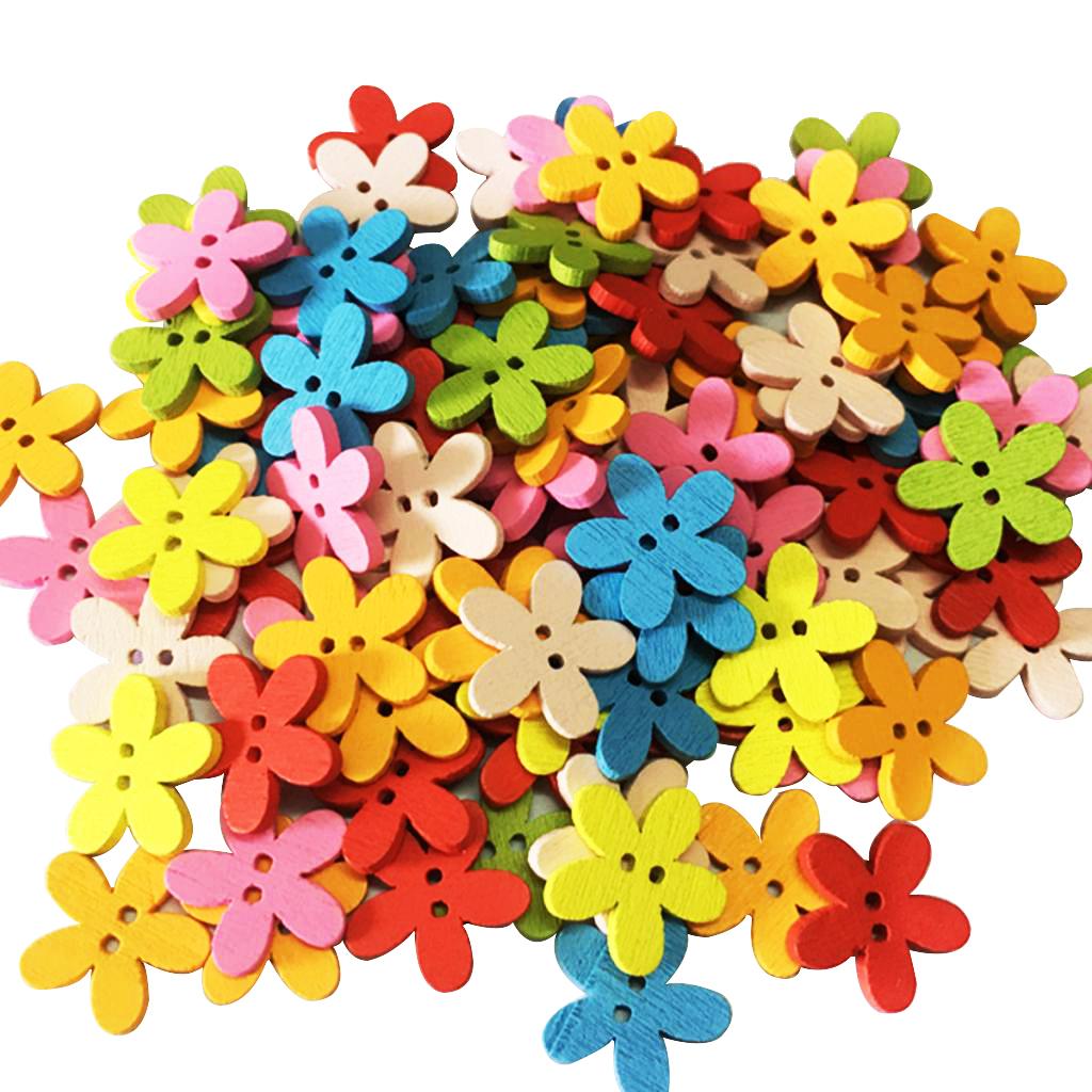  Pack of 100 Cute Multi Color Flower Buttons Mixed Wood Buttons Sewing Scrapbooking DIY Craft 2 Holes