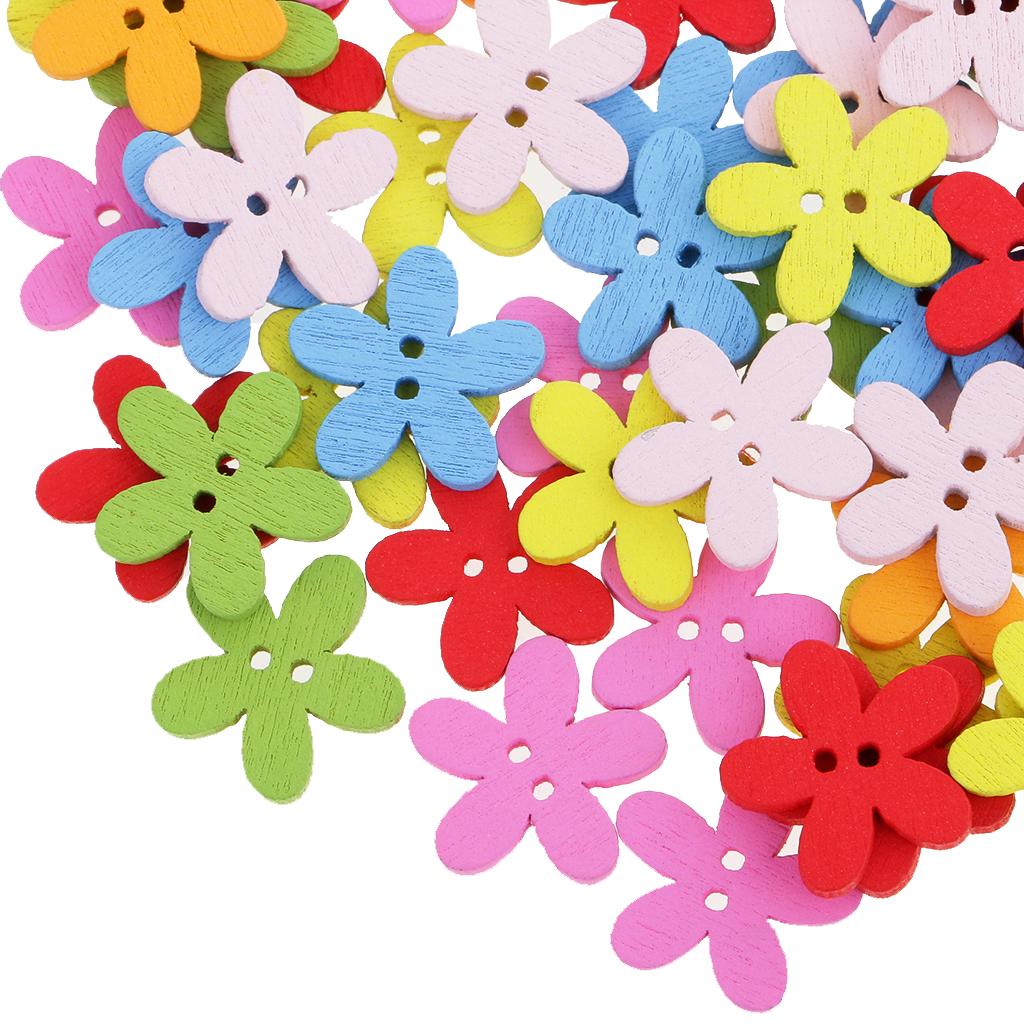  Pack of 100 Cute Multi Color Flower Buttons Mixed Wood Buttons Sewing Scrapbooking DIY Craft 2 Holes