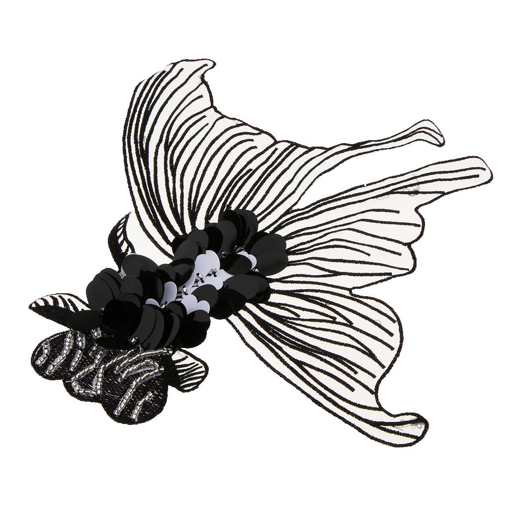 1 Piece Embroidered Goldfish Sequin Beaded Patches Appliques DIY Craft Black