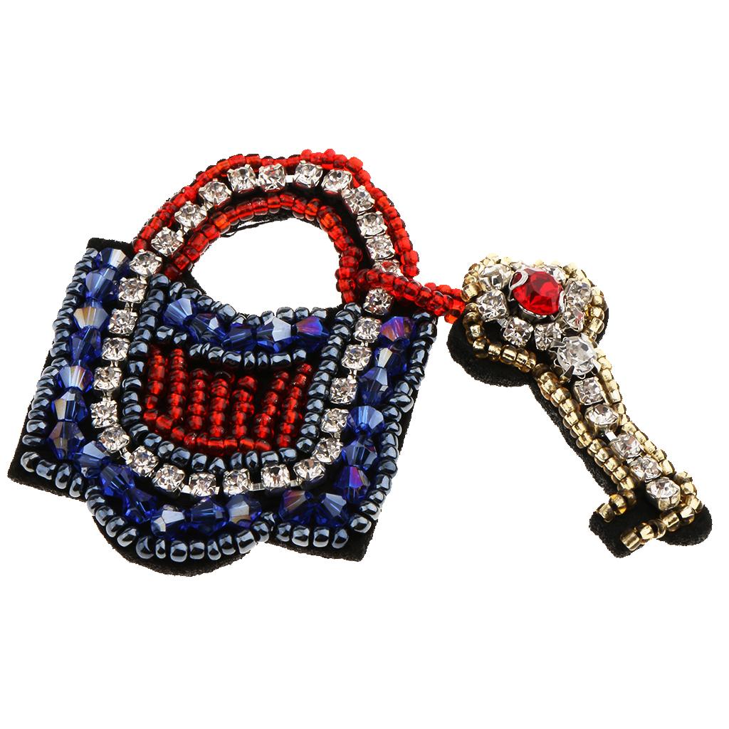 1 Piece Key Lock Rhinestones Beaded Patches Embroidery Fabric Applique DIY