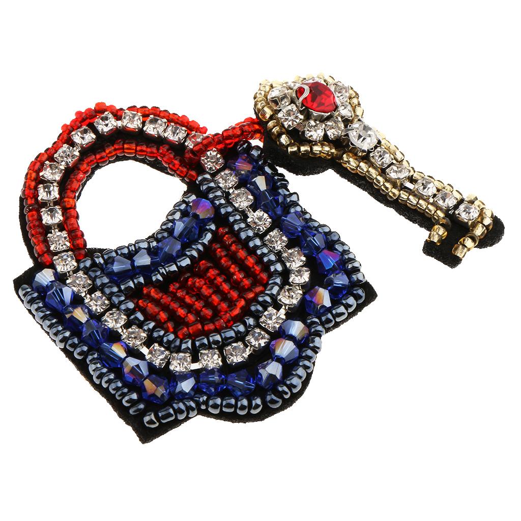 1 Piece Key Lock Rhinestones Beaded Patches Embroidery Fabric Applique DIY