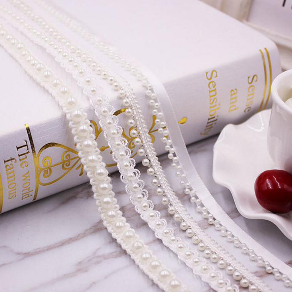 1 Yard 10mm Elegant Pearl Beaded Ribbon Sewing Lace Trim Decoration White A