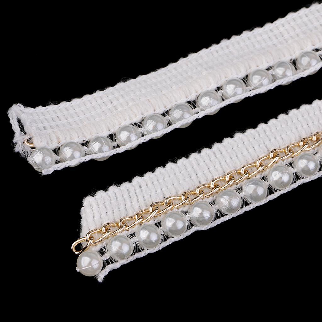 1 Yard 2cm Elegant Pearl Beaded Ribbon Sewing Trim Chain Embellishment Beige