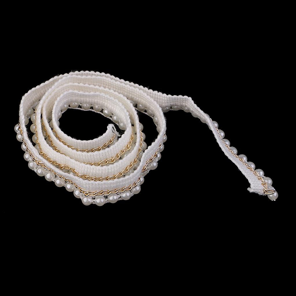 1 Yard 2cm Elegant Pearl Beaded Ribbon Sewing Trim Chain Embellishment Beige