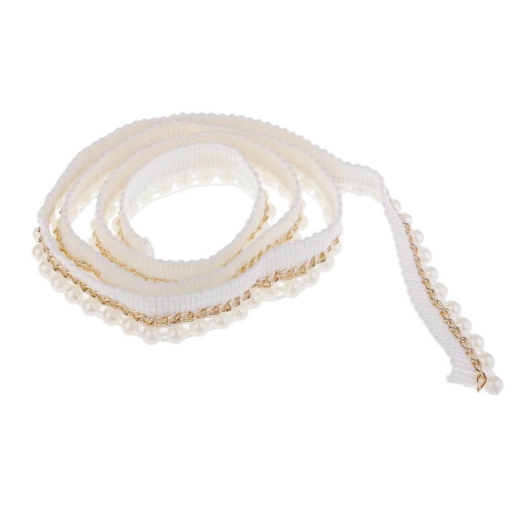 1 Yard 2cm Elegant Pearl Beaded Ribbon Sewing Trim Chain Embellishment Beige