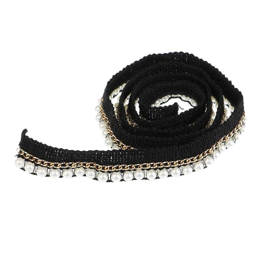 1 Yard 2cm Elegant Pearl Beaded Ribbon Sewing Trim Chain Embellishment Black