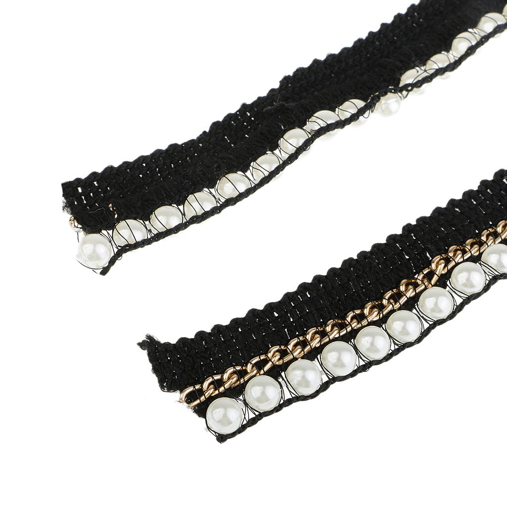 1 Yard 2cm Elegant Pearl Beaded Ribbon Sewing Trim Chain Embellishment Black