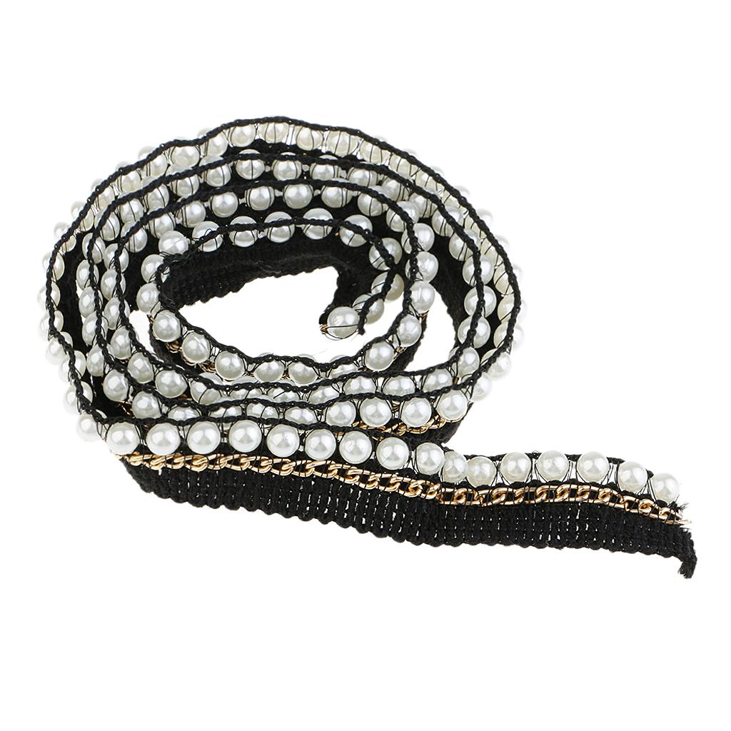 1 Yard 2cm Elegant Pearl Beaded Ribbon Sewing Trim Chain Embellishment Black