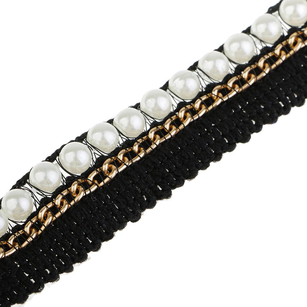 1 Yard 2cm Elegant Pearl Beaded Ribbon Sewing Trim Chain Embellishment Black