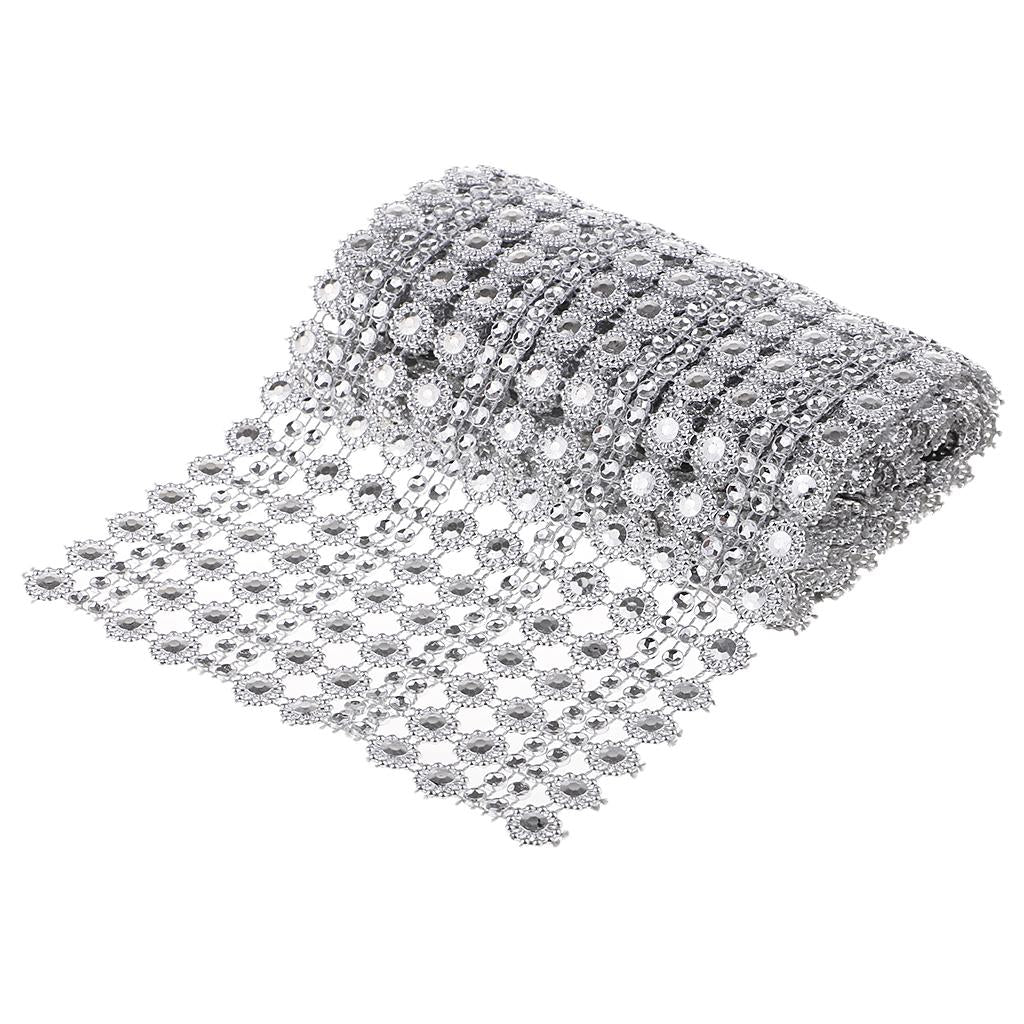 1 Yard 16 Row Silver Flower Diamond Mesh Wrap Crystal Rhinestones Ribbon Trim for Party Decoration, Wedding Cake, Art Craft 12cm Wide