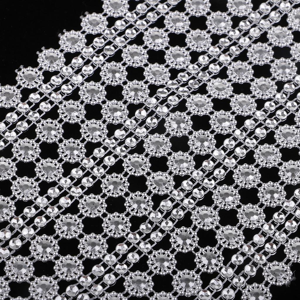 1 Yard 16 Row Silver Flower Diamond Mesh Wrap Crystal Rhinestones Ribbon Trim for Party Decoration, Wedding Cake, Art Craft 12cm Wide