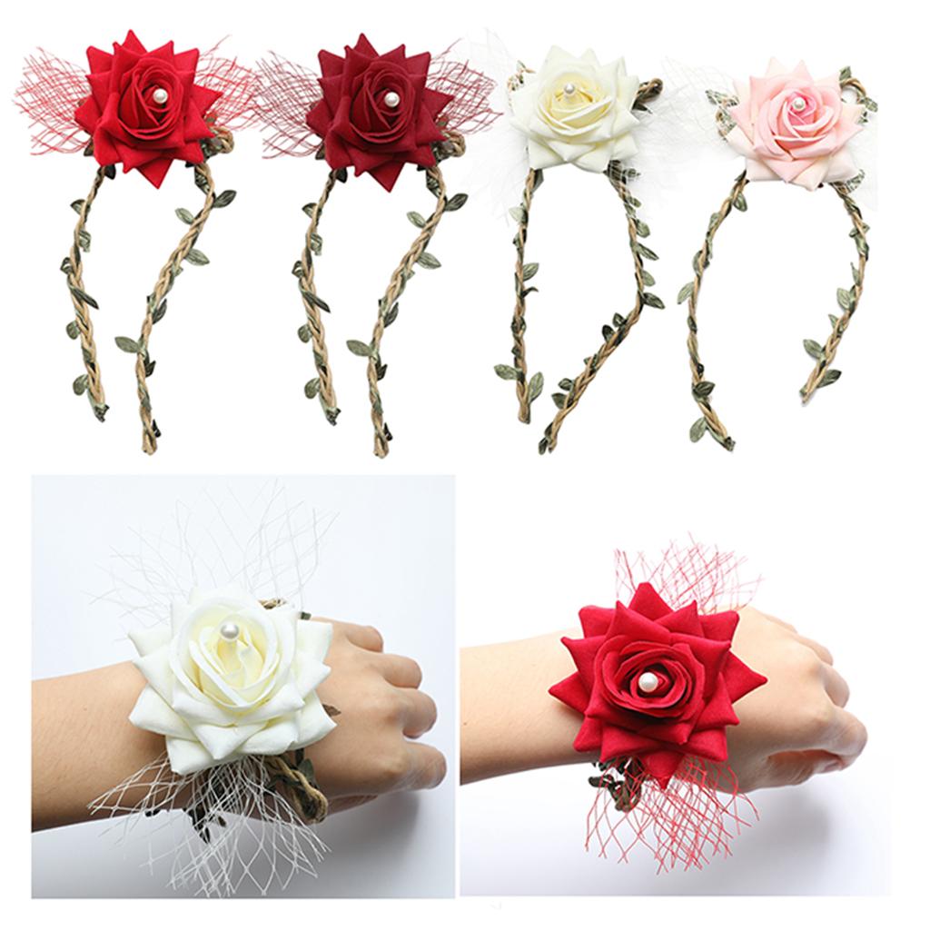 Wrist Corsage Braided Leaves Bridal Bracelet Wedding Hand Flower Red