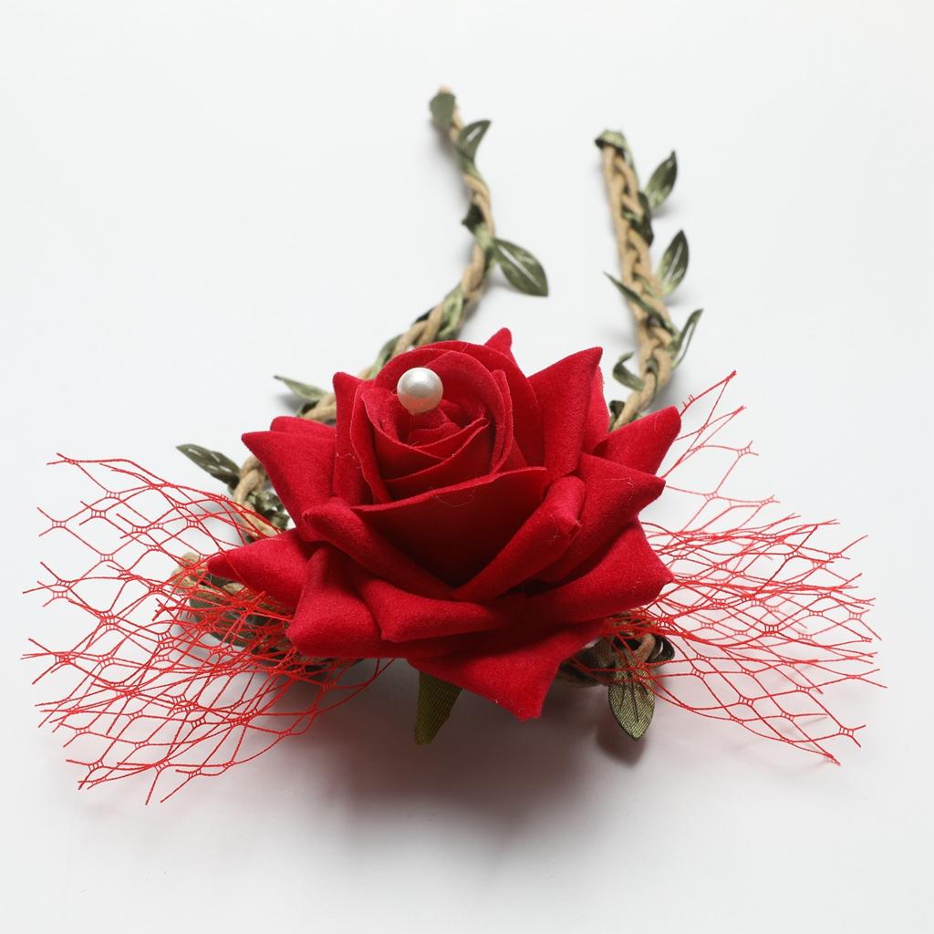 Wrist Corsage Braided Leaves Bridal Bracelet Wedding Hand Flower Red