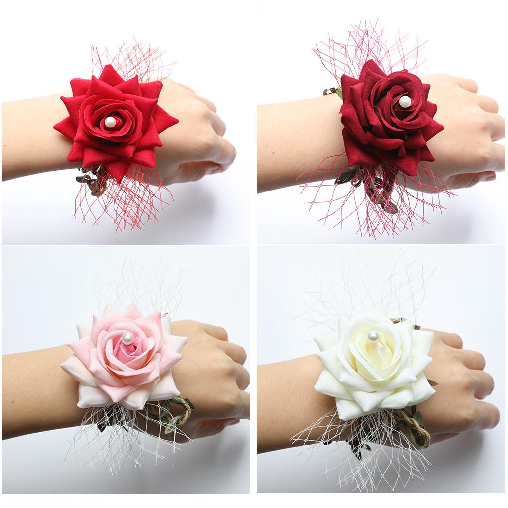 Wrist Corsage Braided Leaves Bridal Bracelet Wedding Hand Flower Red