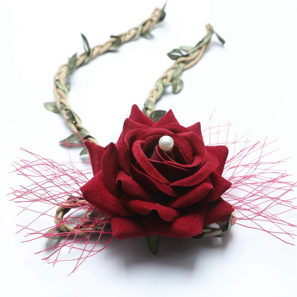 Wrist Corsage Braided Leaves Bridal Bracelet Wedding Hand Flower Wine Red