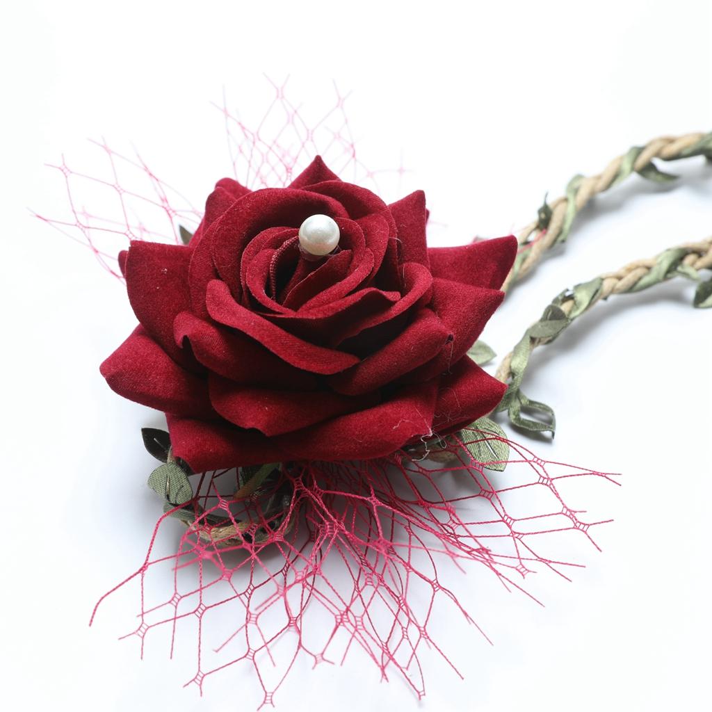 Wrist Corsage Braided Leaves Bridal Bracelet Wedding Hand Flower Wine Red