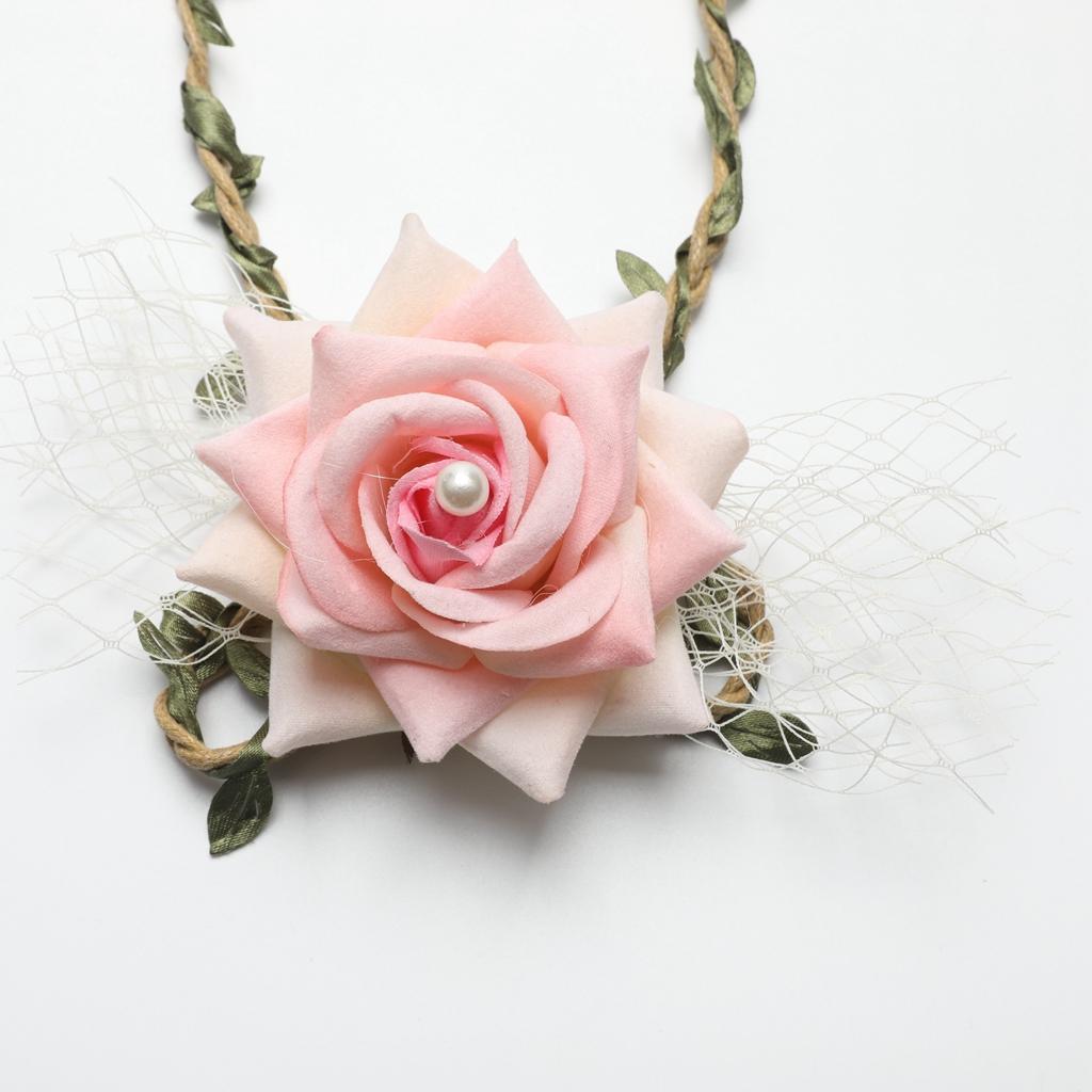 Wrist Corsage Braided Leaves Bridal Bracelet Wedding Hand Flower Pink