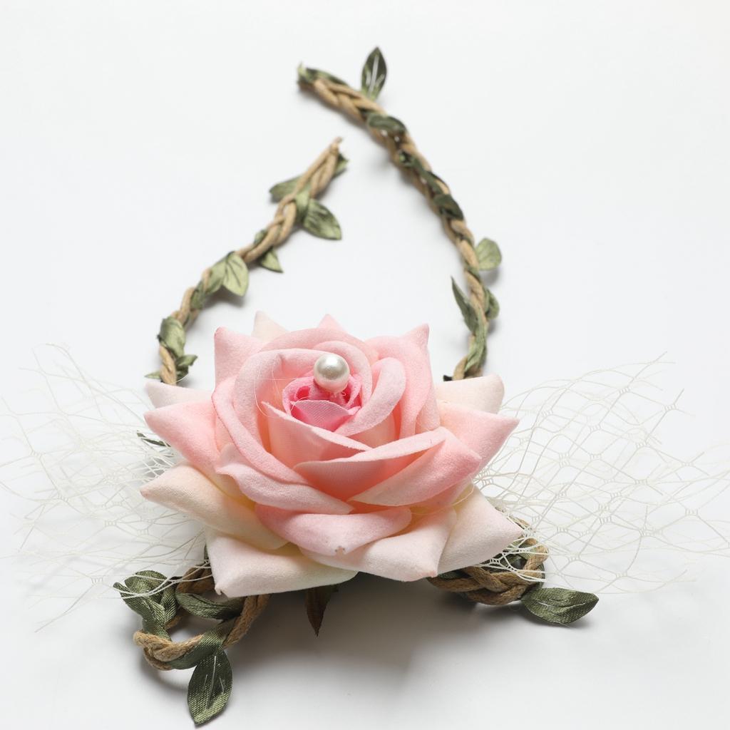 Wrist Corsage Braided Leaves Bridal Bracelet Wedding Hand Flower Pink