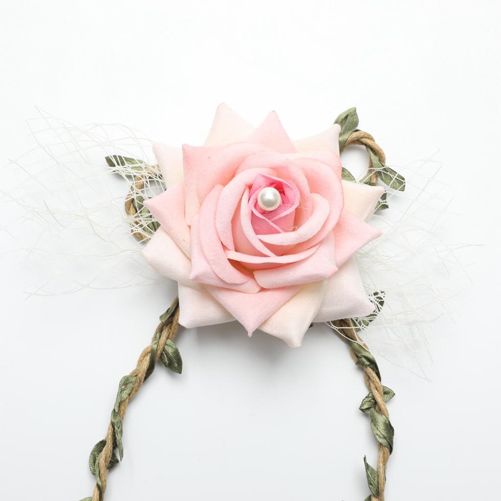 Wrist Corsage Braided Leaves Bridal Bracelet Wedding Hand Flower Pink