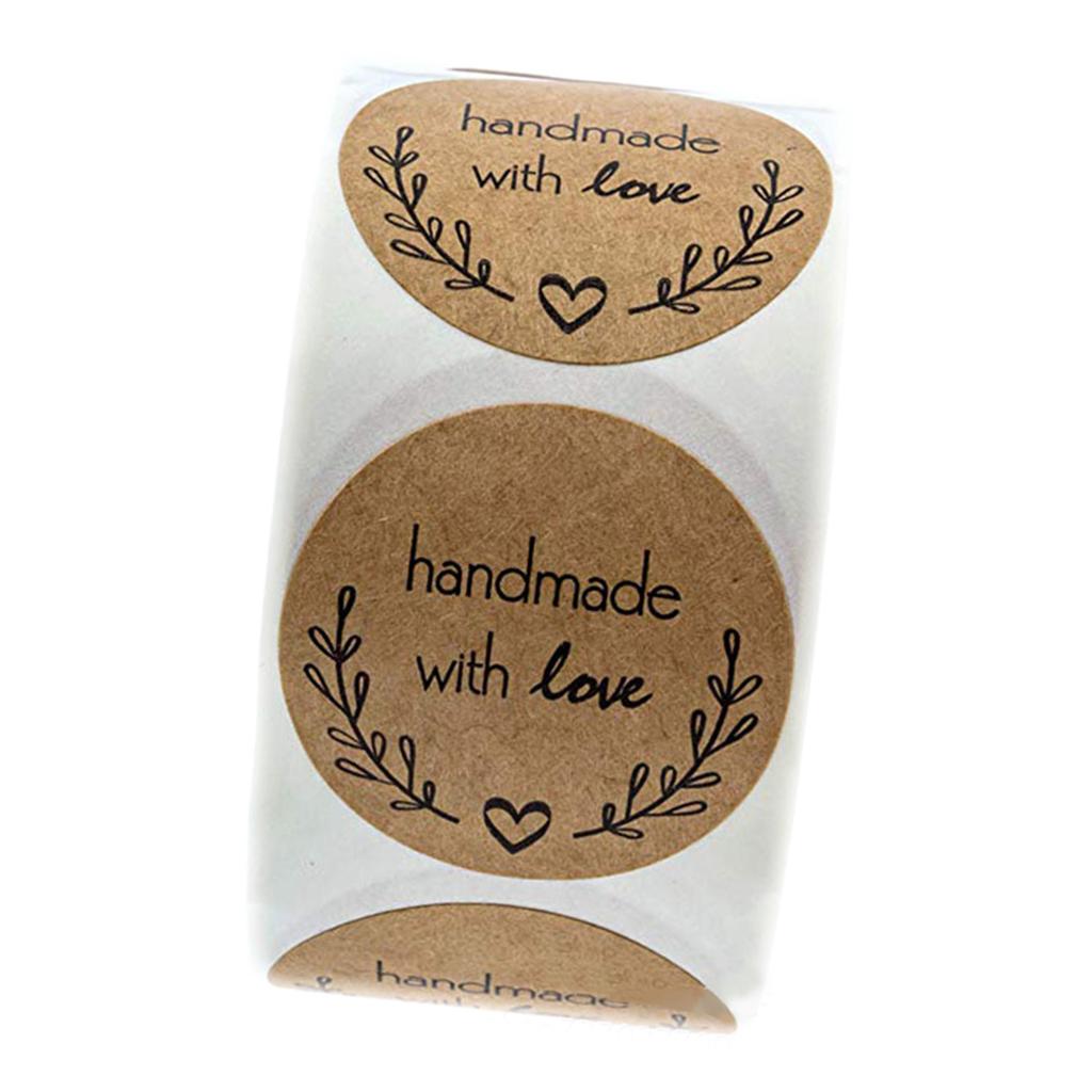 1 Roll of 500pcs Round Kraft Handmade With Love Stickers Adhesive Labels B