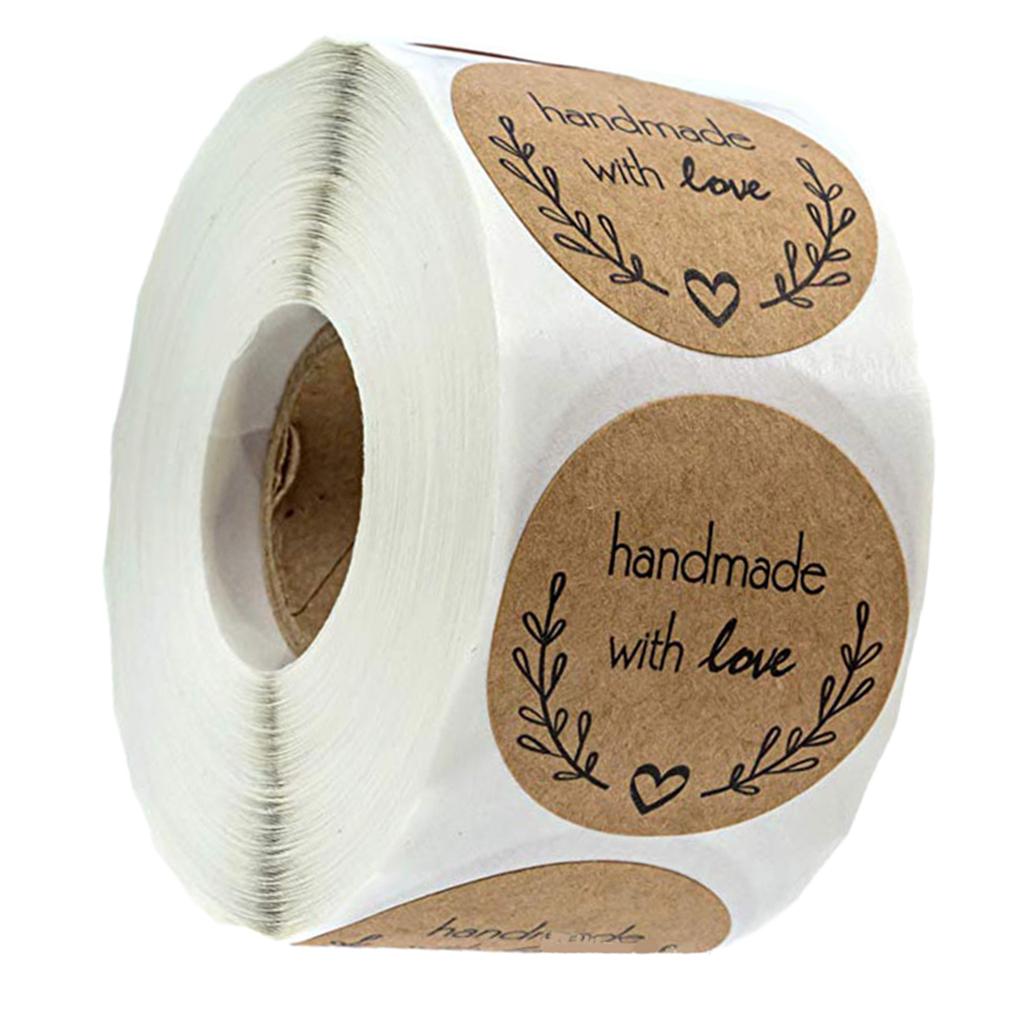 1 Roll of 500pcs Round Kraft Handmade With Love Stickers Adhesive Labels B