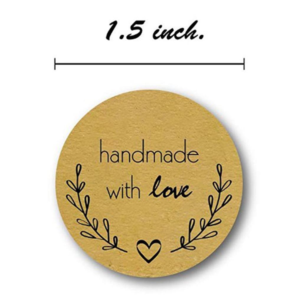 1 Roll of 500pcs Round Kraft Handmade With Love Stickers Adhesive Labels B