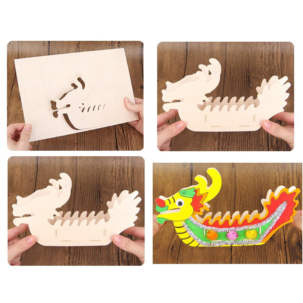 1 Set Blank Unfinished Wood Wooden Dragon Boat Model Children Kid Educational Toys DIY Painting Craft Handmade Toys