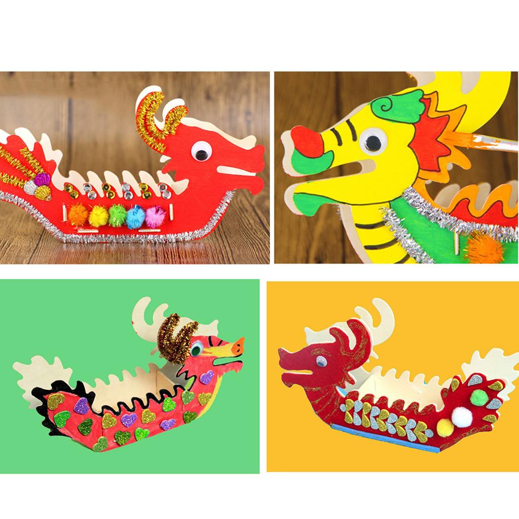 1 Set Blank Unfinished Wood Wooden Dragon Boat Model Children Kid Educational Toys DIY Painting Craft Handmade Toys