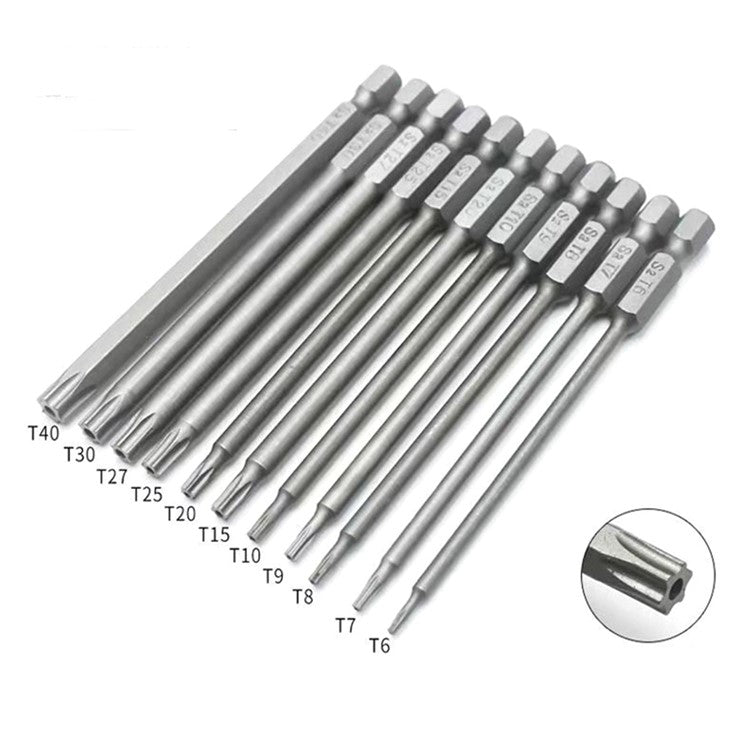 11Pcs Torx Bit Set S2 Steel Hex Shank Magnetic Electric Drill Screwdriver Bit Set - 100mm