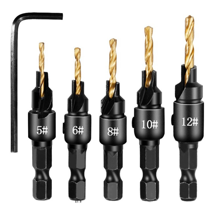 5PCS Countersink Woodworking Drill Bit Set Hexagon Screw Hardware Tool (5 Drills + 1 Wrench) - Gold