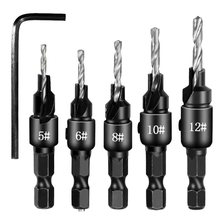 5PCS Countersink Woodworking Drill Bit Set Hexagon Screw Hardware Tool (5 Drills + 1 Wrench) - Silver