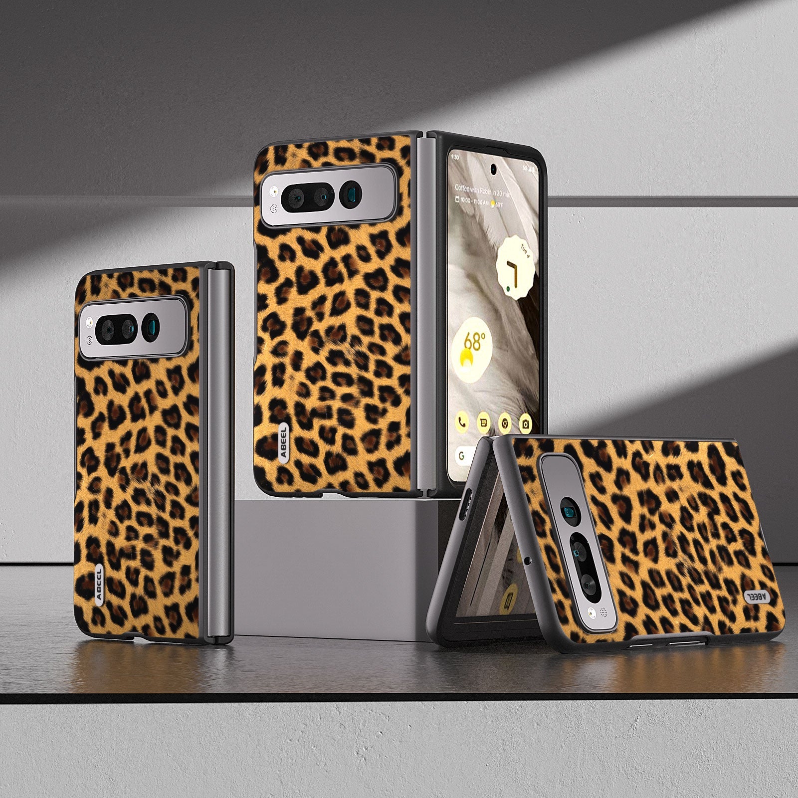 Uniqkart for Google Pixel Fold Anti-Scratch Cover Leopard Pattern PU Leather+PC Phone Case - Gold