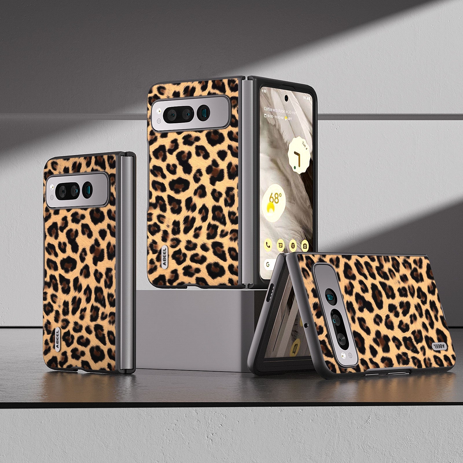 Uniqkart For Google Pixel Fold Anti-Scratch Cover Leopard Pattern PU Leather+PC Phone Case - Champagne Gold