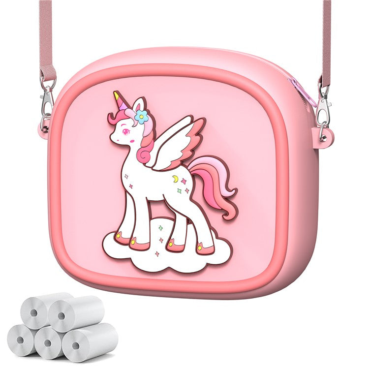 Cute Cartoon Animal Design Children Camera Carrying Case Silicone Shoulder Bag with 5 Rolls Thermal Paper - Pink